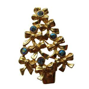 Avon Christmas Tree Pin Brooch - 1992 Holiday Jewelry - Goldtone AB Rhinestones